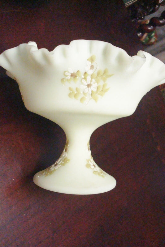 Vintage Fenton SIGNED by Peggy Bennett  Satin Glass Custard Footed Compote