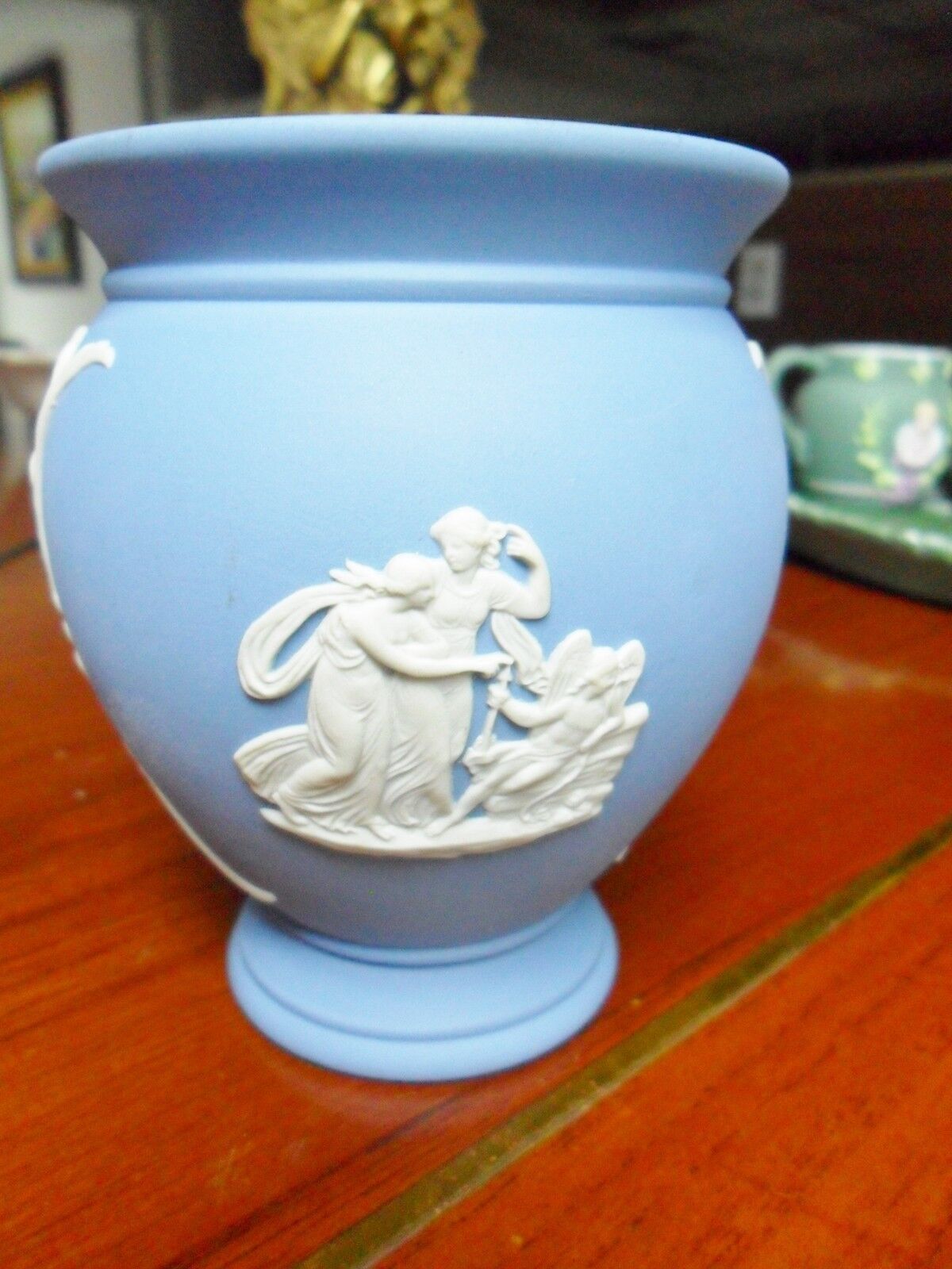 Wedgwood England blue Jasperware vase, white Greek cameo decor,  4"