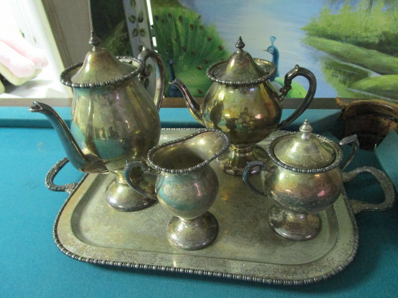 Antique Silver On Copper English Tea And Coffee Set With Tray 5 Pcs