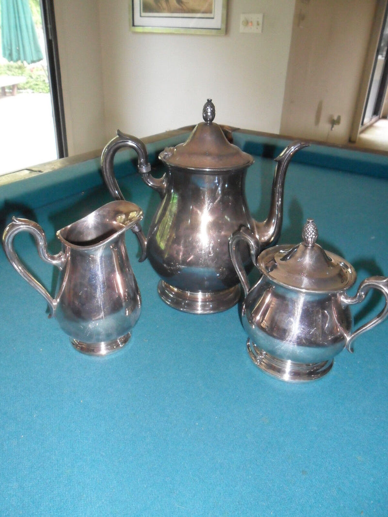 Antique Reed & Barton Jamestown Silverplated Coffee Pot, creamer and sugar origi