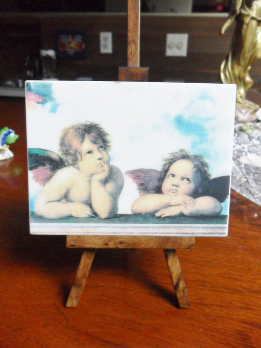 Angels Print on Carrara marble, Italy, on easel, 6 1/2" tall [85B]