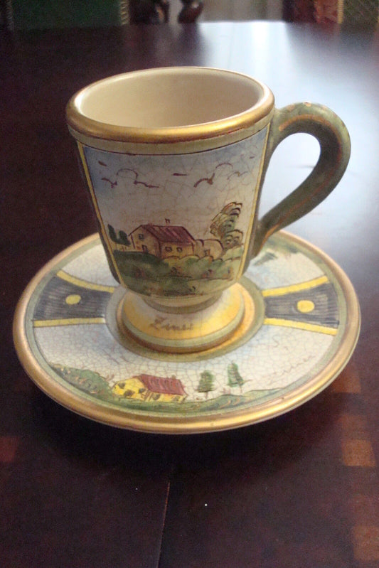 Veneto Flair cup & saucer hand etched and painted in Italy, signed,c1980s [83c]