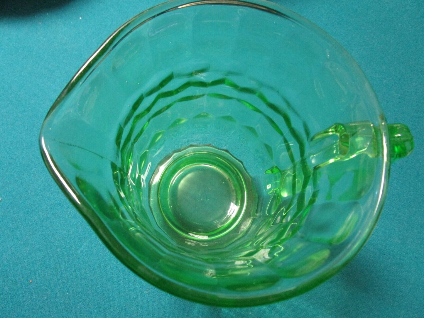 URANIO HAZEL ATLAS GREEN VASELINE GLASS PITCHER DECANTER GLASSES ESBO RARE PICK1