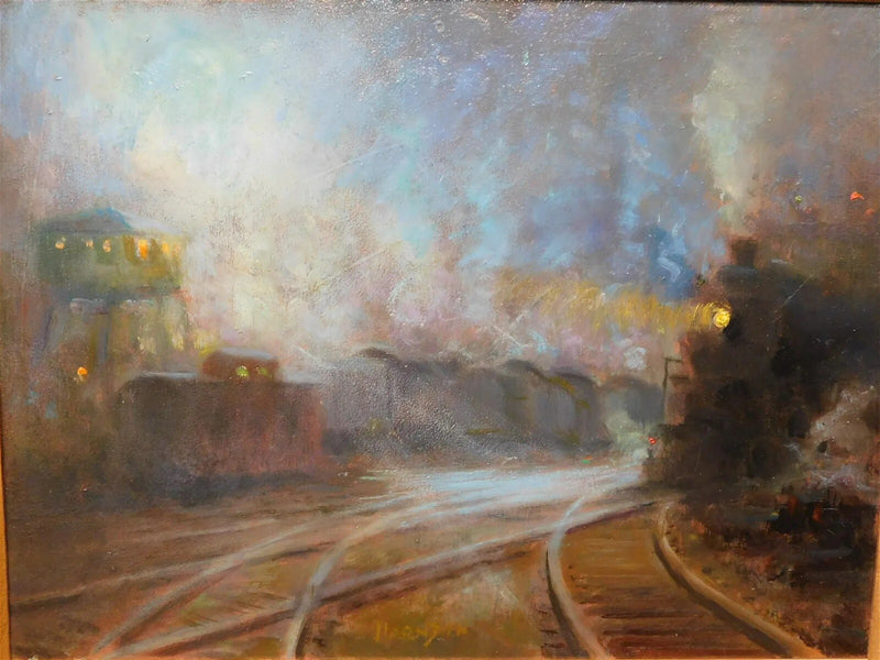 ORIGINAL OIL BOARD William Harnden (American 1920-1983) NIGHT TIME TRAIN