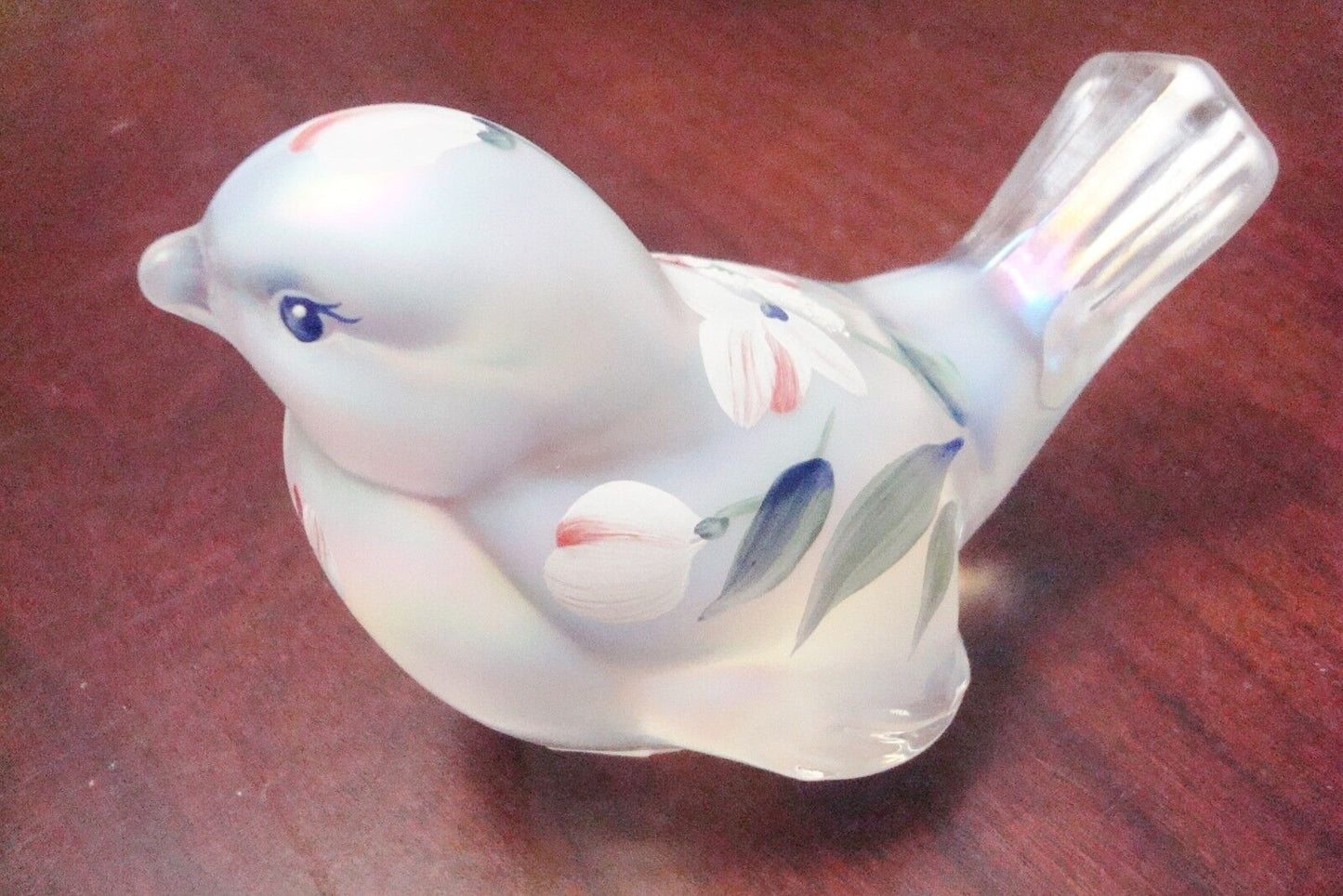 Vintage Fenton  Hand Painted Roses Signed Clear Satin Romance Roses bird [aA]