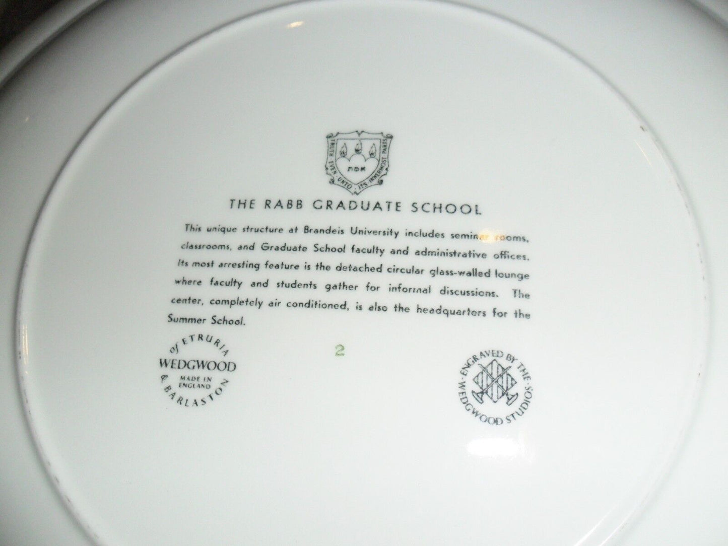 WEDGWOOD BRANDEIS UNIVERSITY PLATE , "The RABB Graduate School" black trans