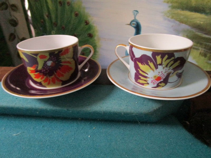 Guy Degrenne Maruchka Blue / Violet Pair Of Coffee Cups France Pottery ^^^