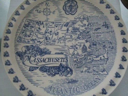 Vernon Kilns State of Massachusetts Collectible Map Plate Blue White