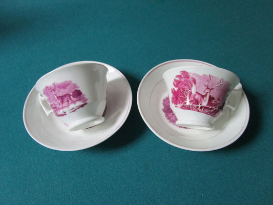 STAFFORDSHIRE PURPLE TRANSFERWARE ANTIQUE PAIR OF CUPS AND SAUCERS RARE [*67]