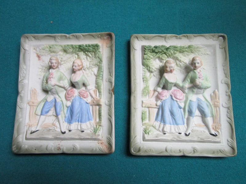 CHASE CERAMIC BISQUE JAPAN 1940s WALL PLAQUES VICTORIAN COUPLE 4 X 5"