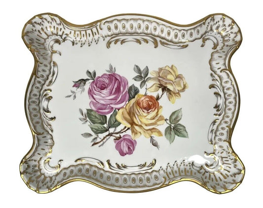 19th CENTURY EDME SAMSON CIE LARGE FLORAL CERAMIC TRAY ROSES AND GOLD 18"