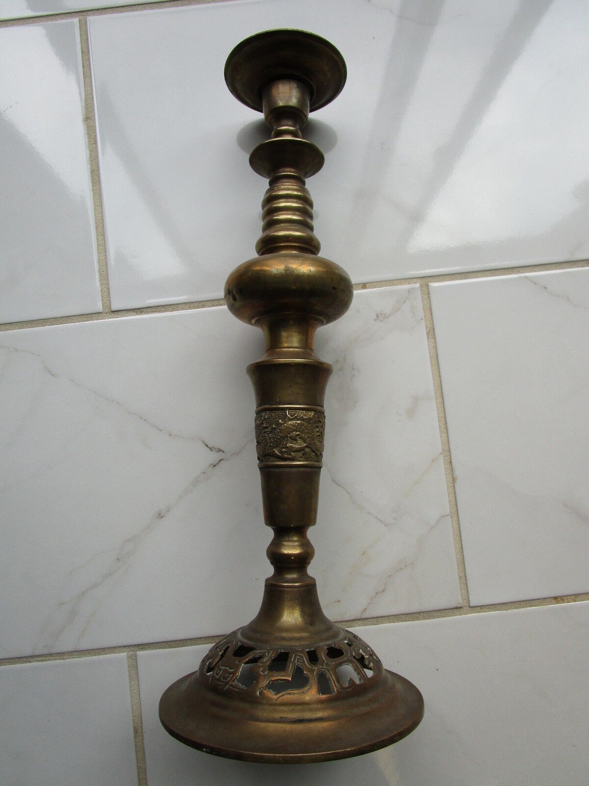 Antique Bronze standing pillar candle holder, made in China, dragon engravings