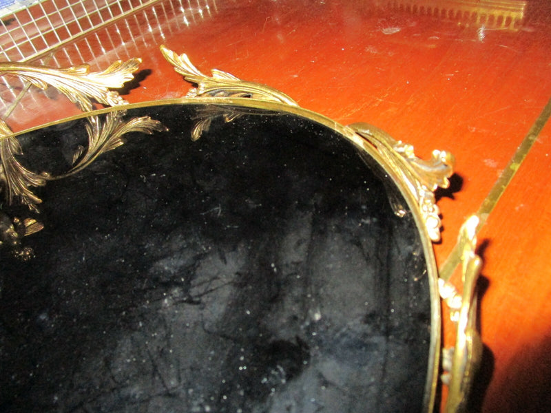 FRENCH ORMULU ANGELS BRASS BLACK GLASS OVAL VANITY TRAY