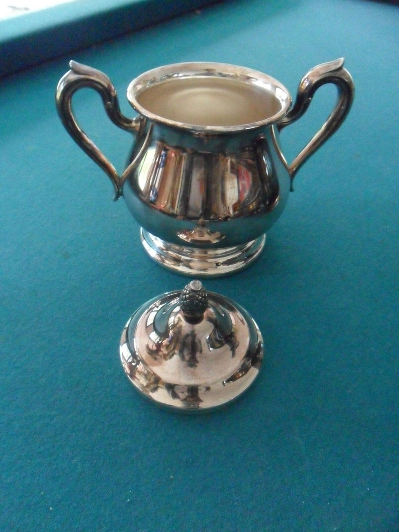 Antique Reed & Barton Jamestown Silverplated Coffee Pot, creamer and sugar origi