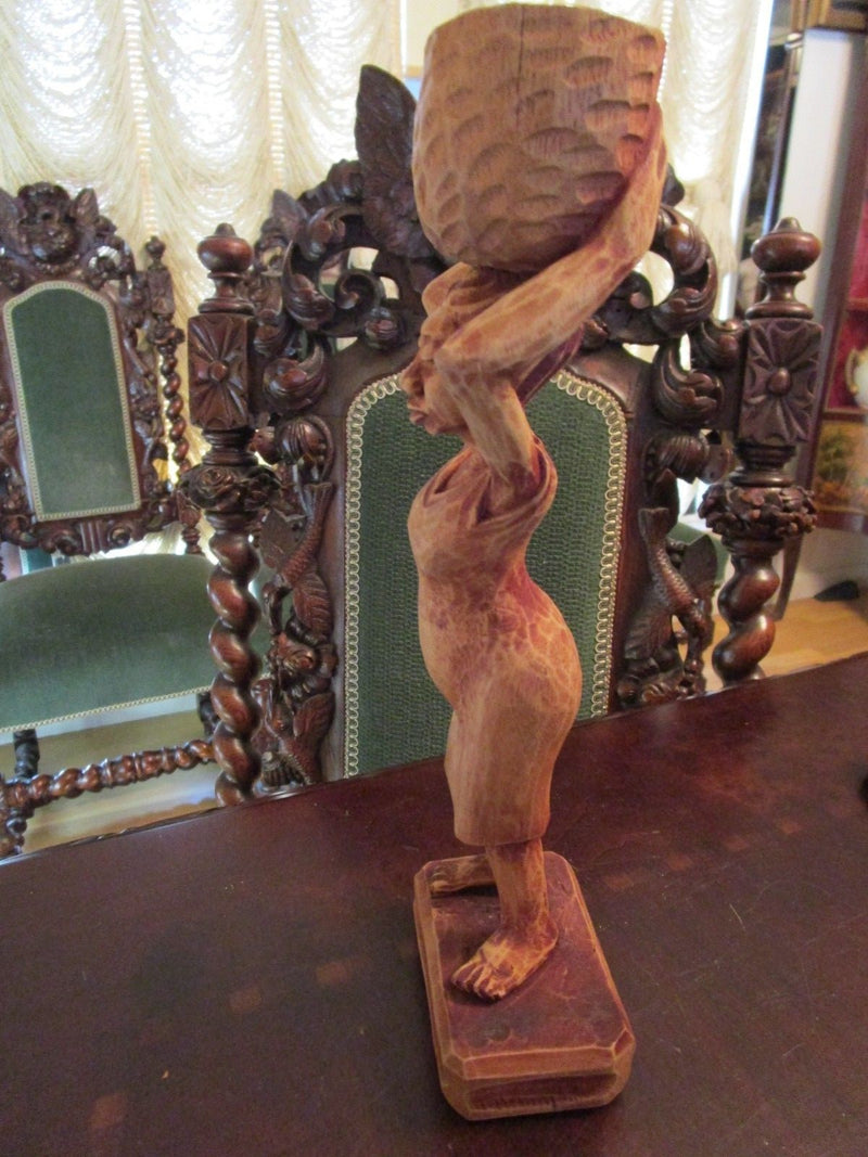 Wood Carving African Woman With Basket 11" Tall Signed Louis Original^^^