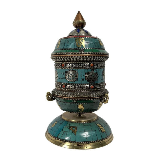 Antique Tibetan Buddhist Brass Inlay Turquoise Prayer Wheel 10" H