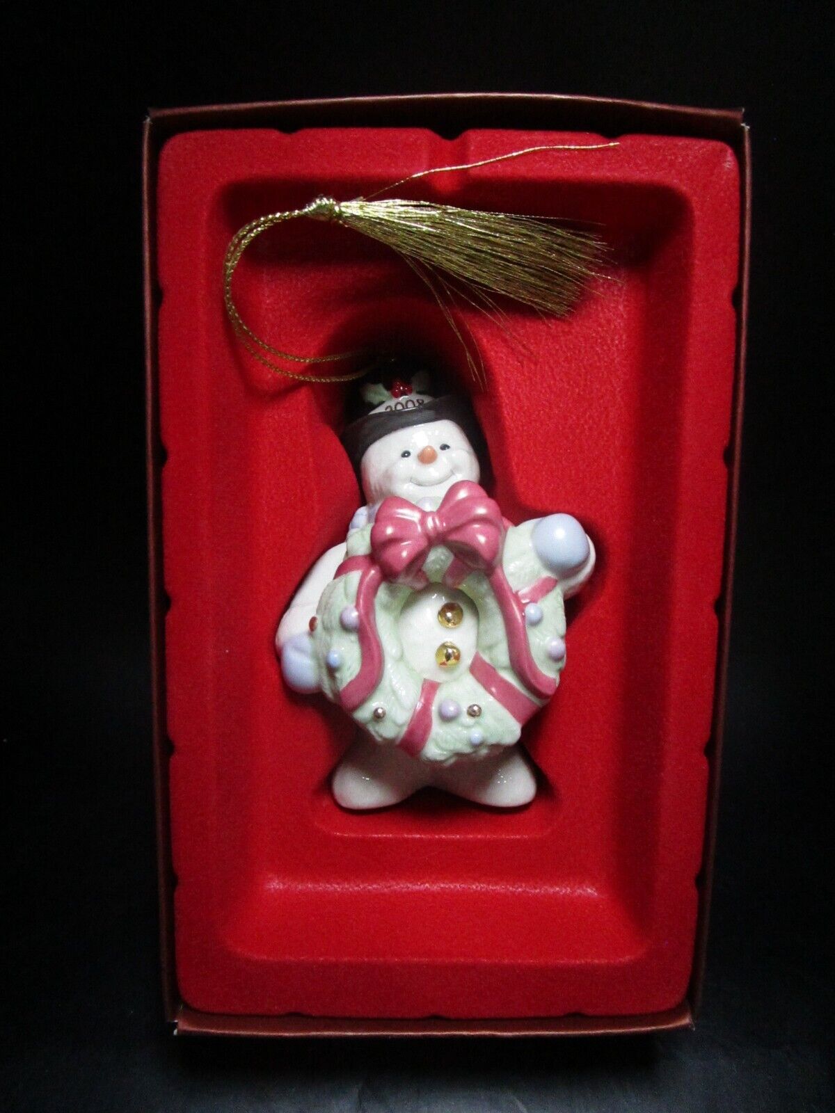 LENOX CHRISTMAS ORNAMENT ANNUAL 2008 SNOWMAN AND WREATH 4IN ^^