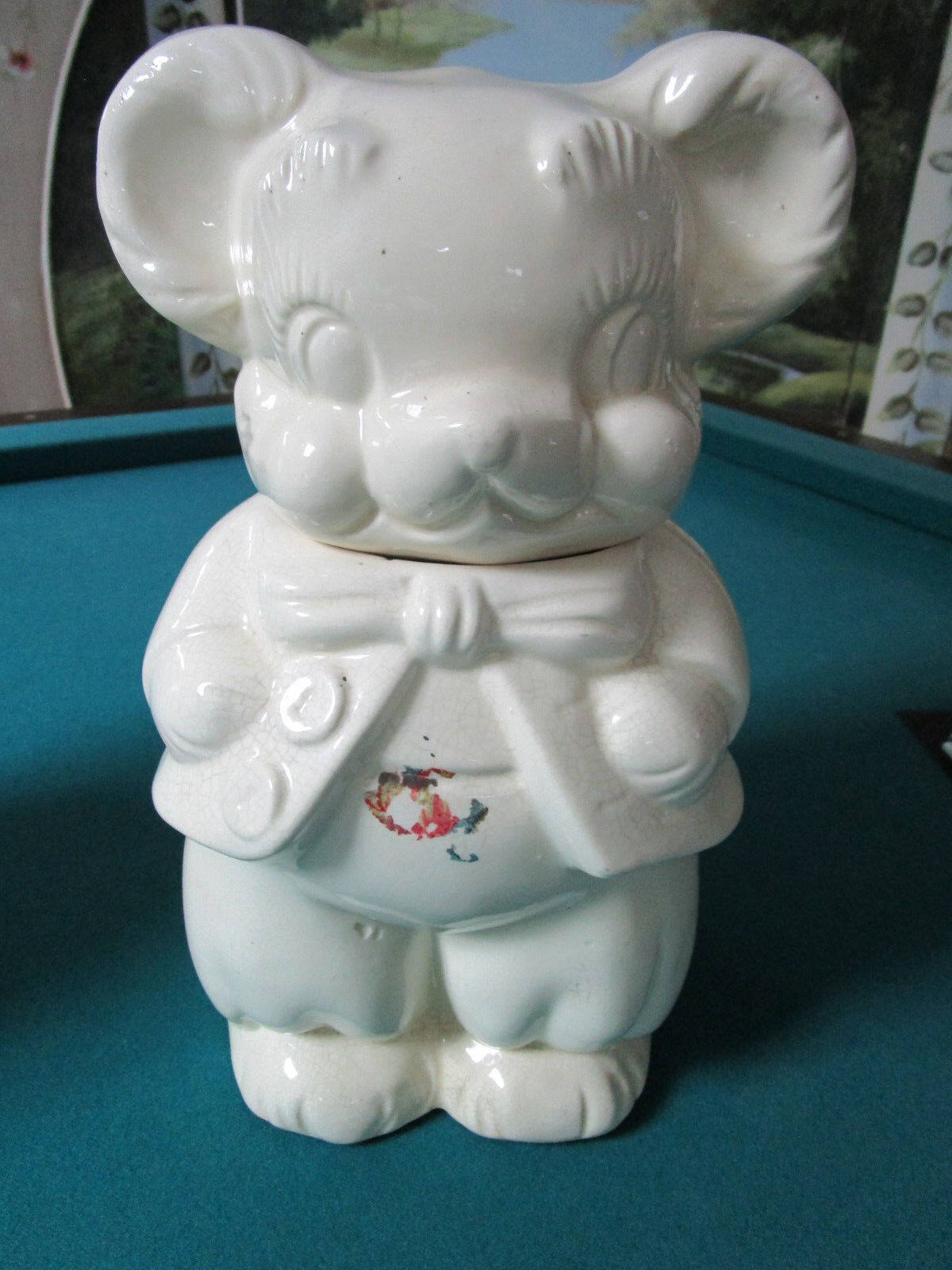 VINTAGE AMERICAN BISQUE TURNABOUT BEAR COOKIE JAR TWO SIDED BOY&GIRL,12" tall