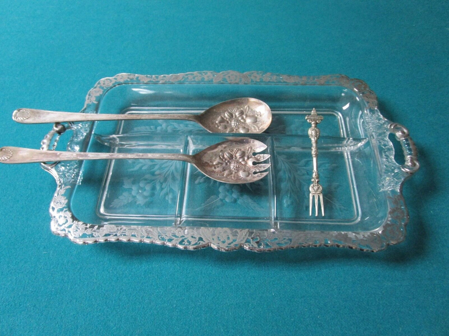 SILVER OVERLAY GLASS TRAY WITH ONE SERVER AND A PIN ANTIQUE