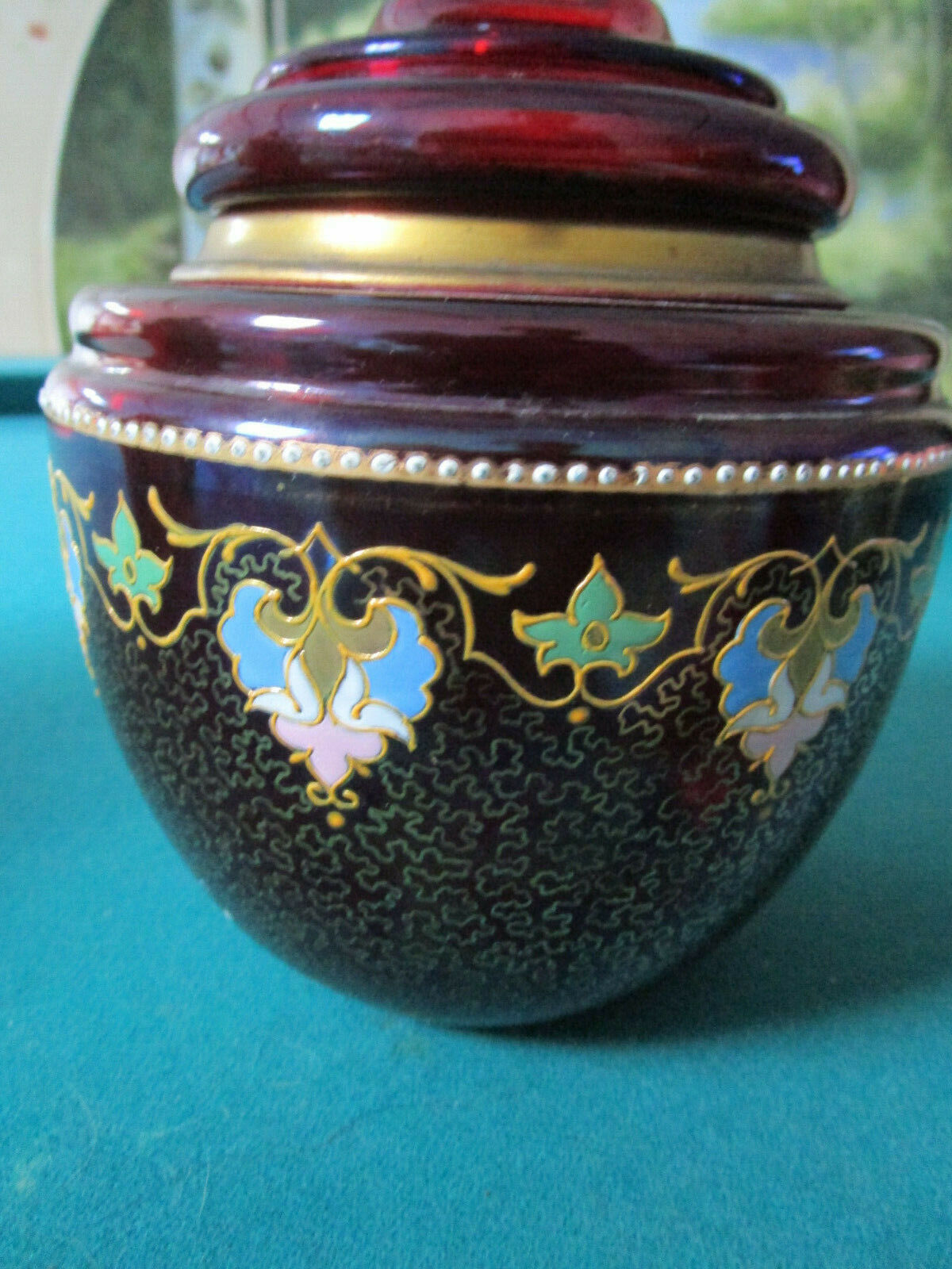 ANTIQUE BOHEMIA DECANTER IN HOLDER BOWL RED RUBY HAND PAINTED rare insert