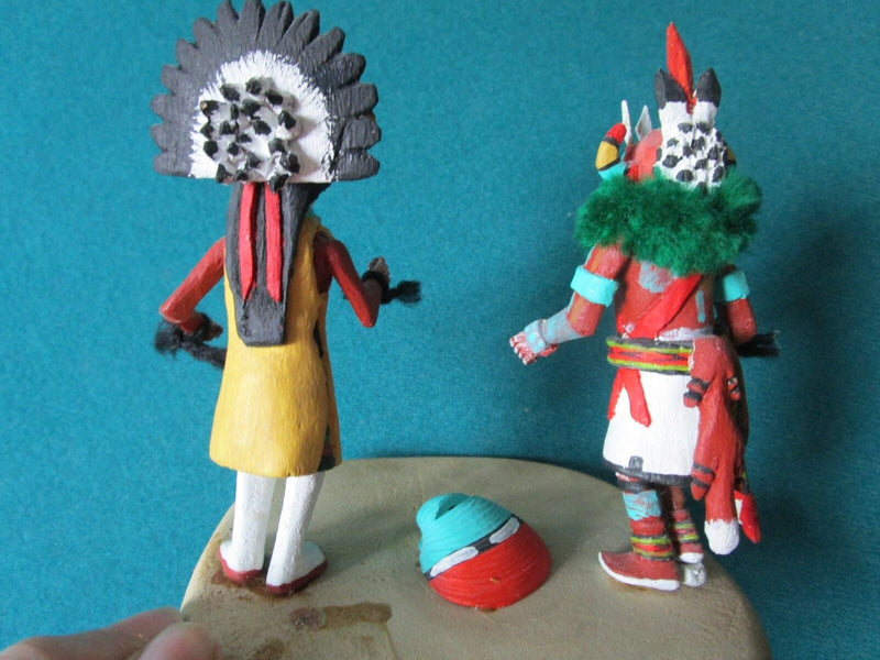 SOUTHWEST POLYCHROME CARVING HOPI KACHINA, DOUBLE FIGURINE SIGNED "HONWYTEWA"