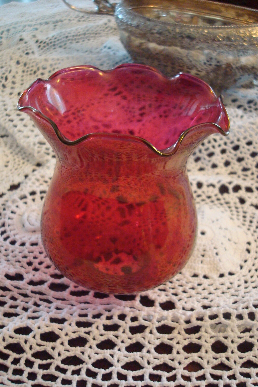 Vintage TABLE BOUDOIR LAMP , glass, brass and marble base with red shade