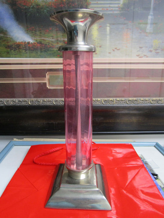 Candleholder TOWER  pink GLASS and silverplate, round body, 9 1/2" ORIGINAL