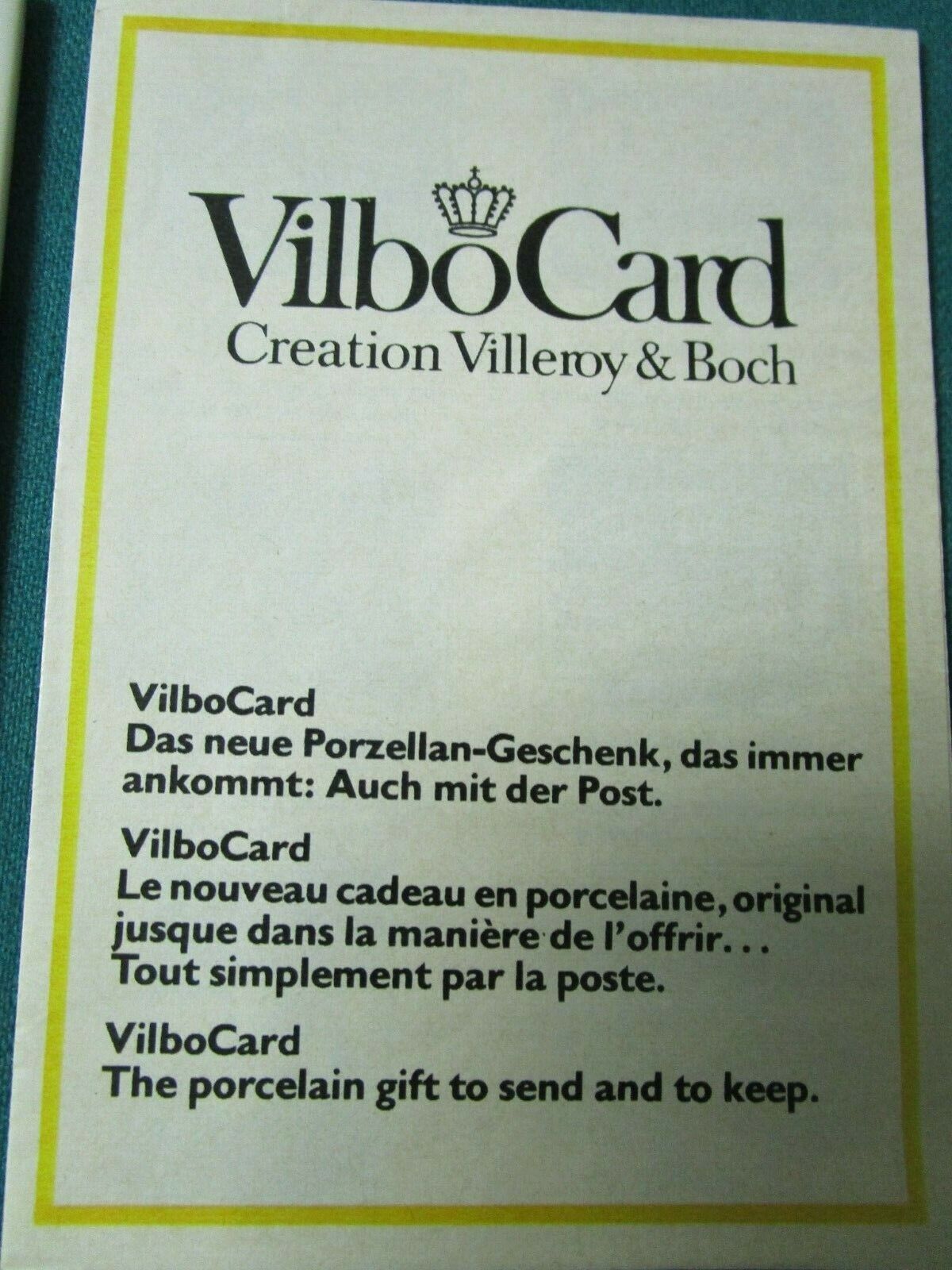 VILBO CARD VILLEROY AND BOCH ORIGINAL PLAQUE CERAMIC NEW 6 X 4"