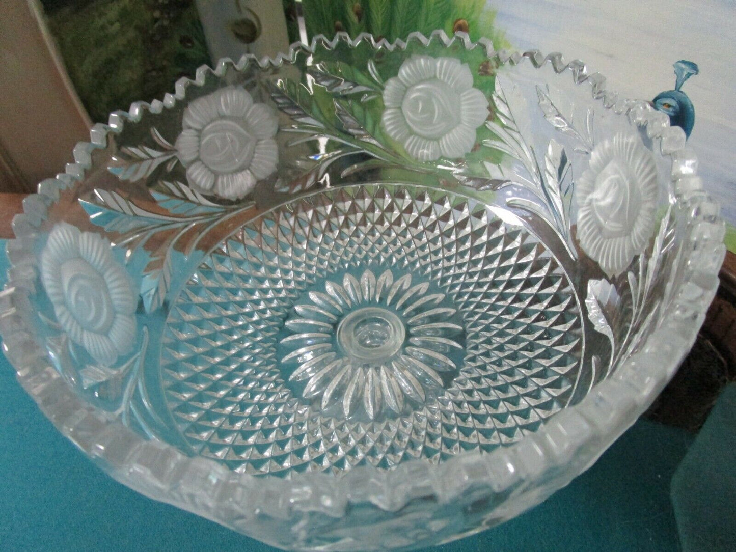 VINTAGE AMERICAN BRILLIANT FLOWER PERIOD FOOTED BOWL CUT GLASS FROSTED [TOP4]