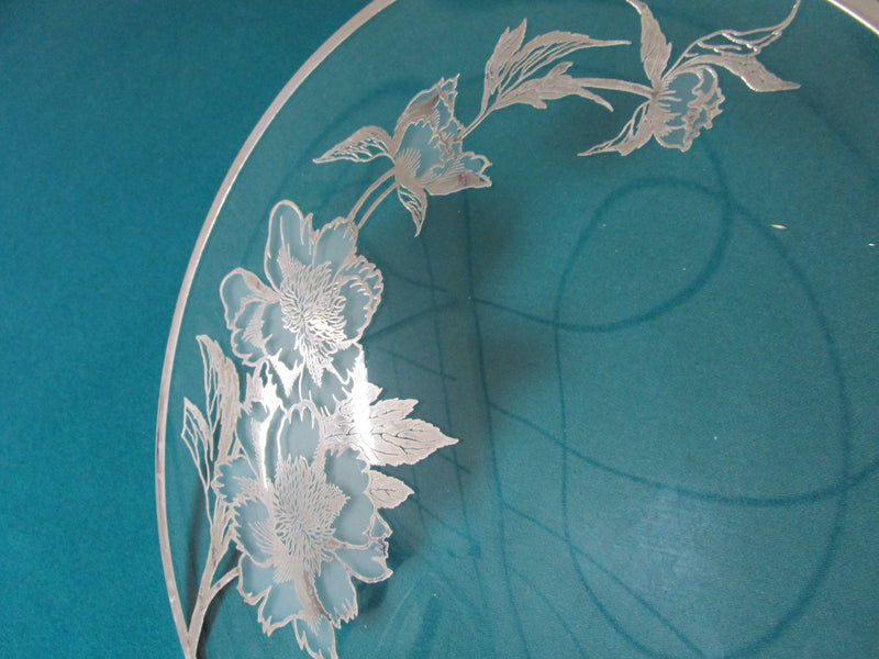 CRYSTAL ROUND TRAY SILVER OVERLAY ROCKWELL PEONY FLOWERS 13" ORIG [a5^^]