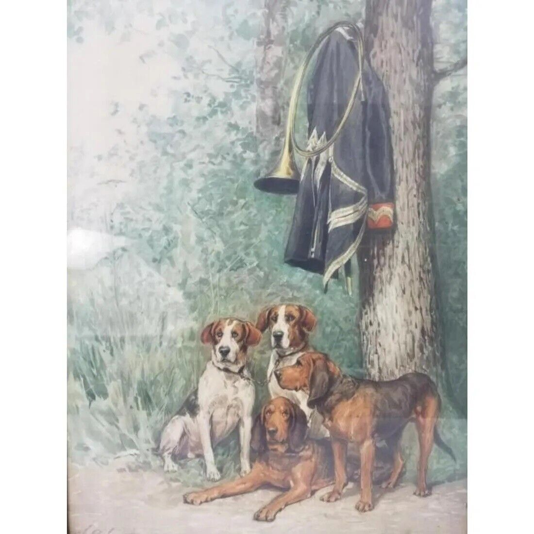 After Charles Olivier de Penne  Hand Colored Photogravure HOUNDS AT REST 1800s