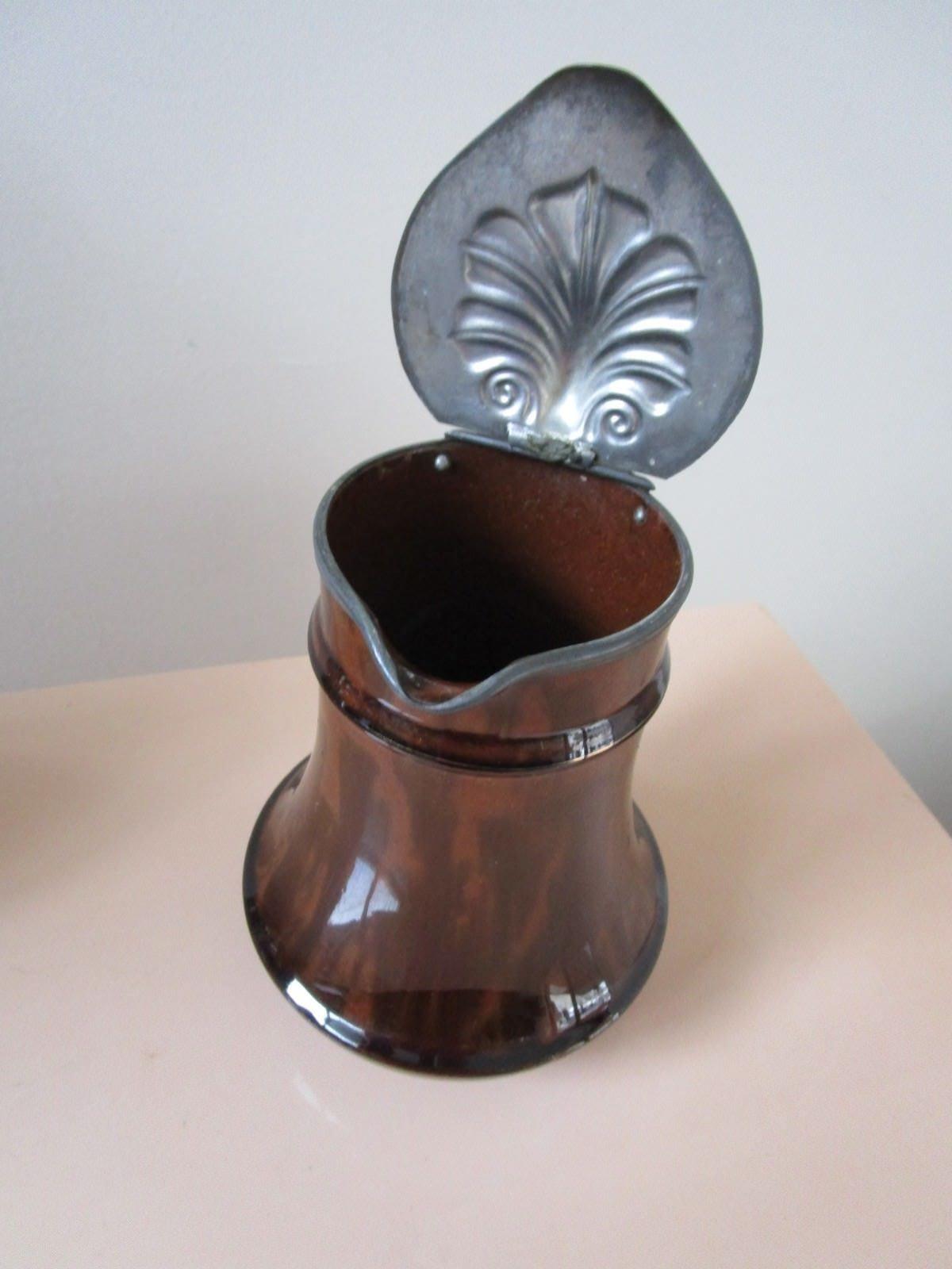 ANTIQUE BROWN GLAZE PEWTER COVER HINGED  PITCHER SYRUP 7 X 6" ORIGINAL