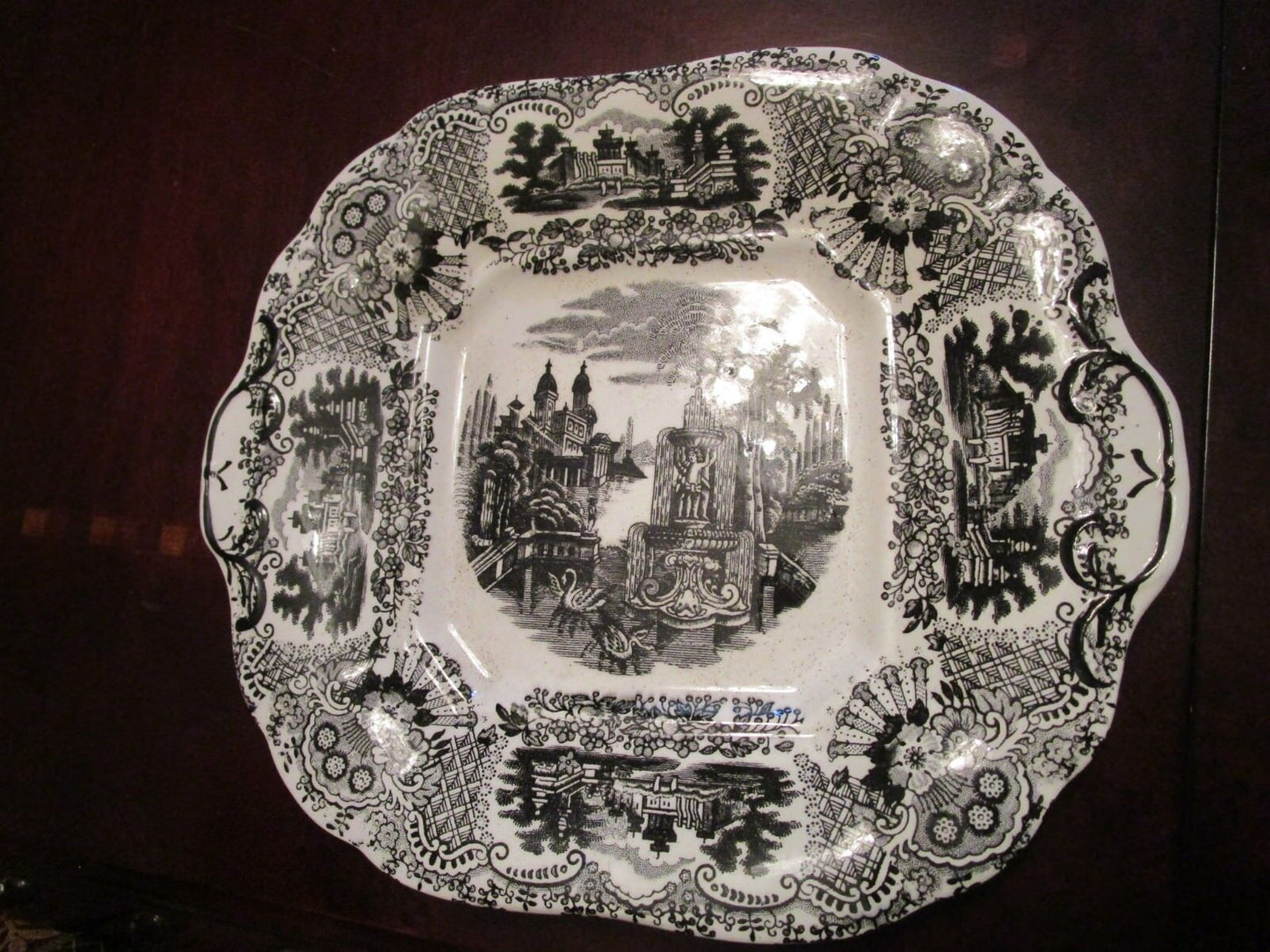 ANTIQUE 1800s PICKMAN LA CARTUJA POTTERY VISTAS SPAIN BLACK TRANSFERWARE TRAY