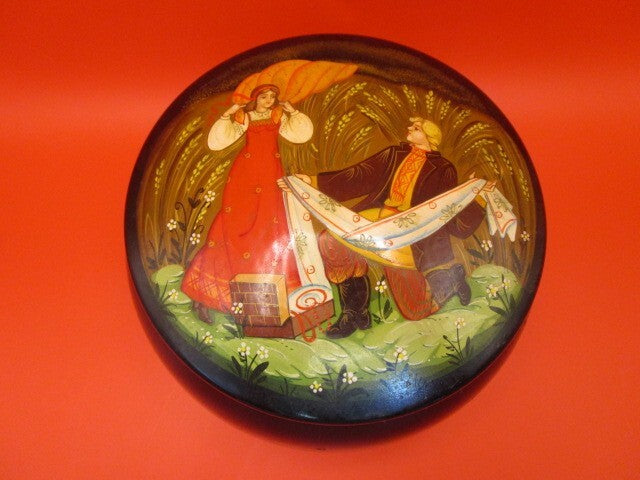 Metal Cloisonne  Russian Trinket Jewelry Box Round Hand Painted 2 3/4 X 5"