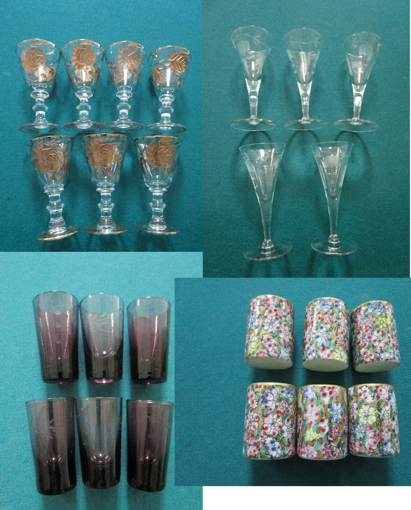 CORDIAL SHOT CRYSTAL GLASSES SET GOLD ETCH PURPLE CLEAR ETCH CERAMIC PICK ONE