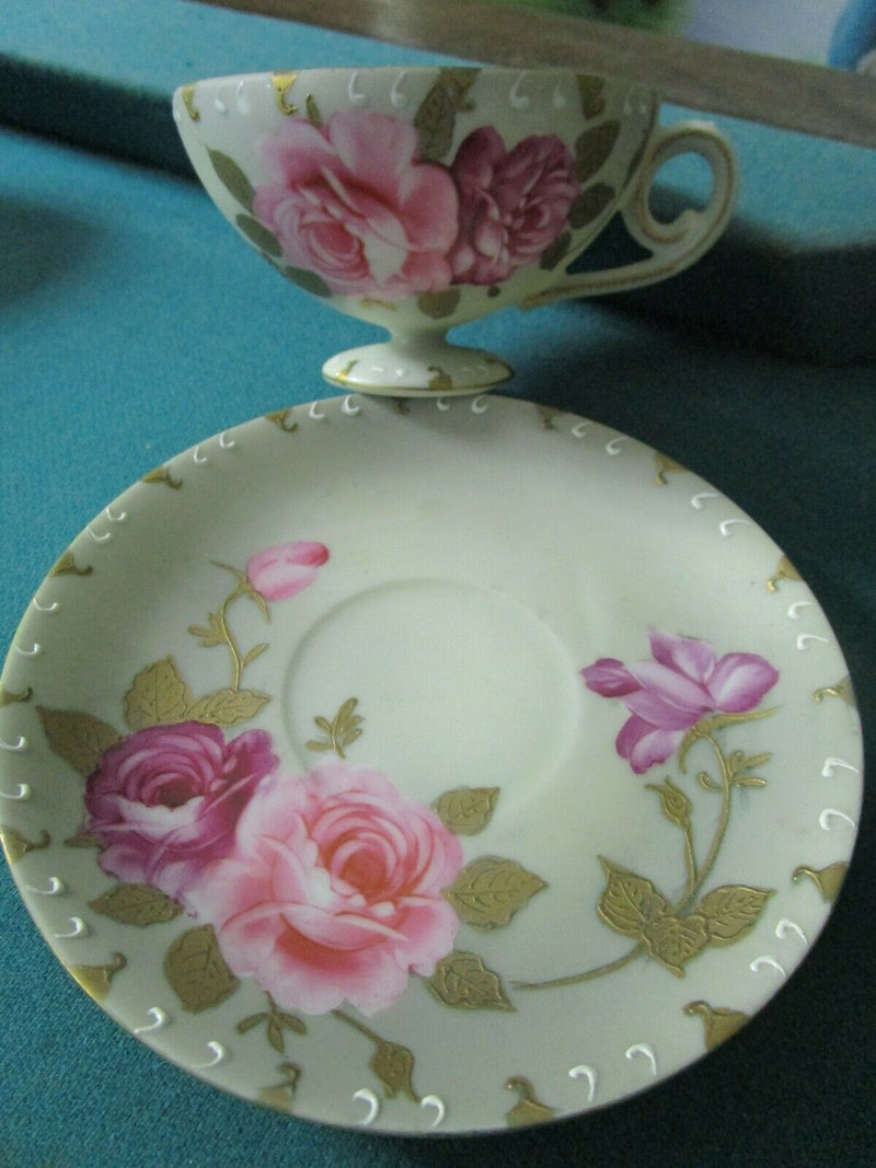 BISQUE FOOTED FLORAL CUP AND SAUCER MADE IN JAPAN HAND PAINTED [170C]