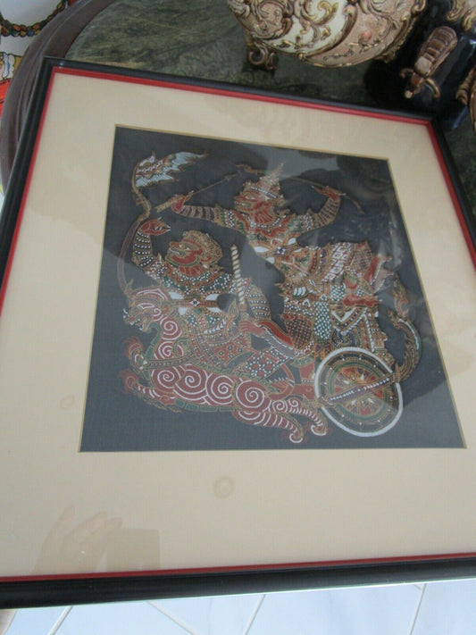 THAI KALAGA ART EMBROIDERED SILK WAR CHARRIOTS FRAMED PAINTING