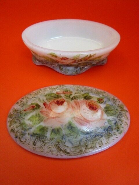 Antique Victorian Milk Glass Floral Oval Trinket Jewelry Box 2 X 4"