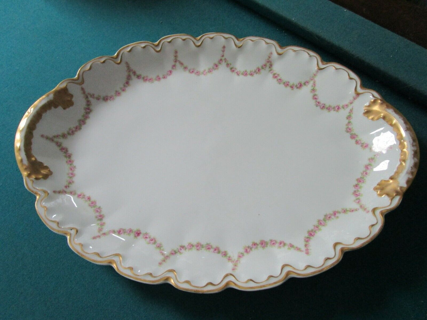 1890s THEODORE HAVILAND LIMOGES FRANCE OVAL TRAY  16" GOLD AND GARLANDS