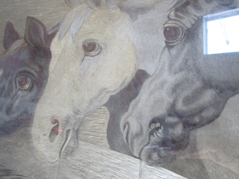 Vintage Woven Silk Painting Art Three Horses 16 1/2  12 1/2"
