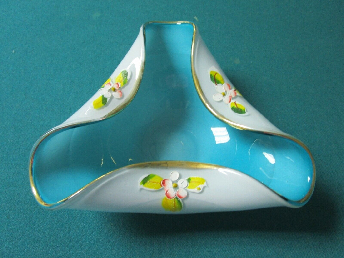 TRI SIDED BOWL HANDKERCHIEF  HAND APPLIED FLOWERS 6 X 6 X 2 1/2" TURQUOISE GOLD