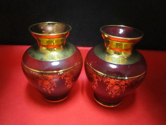 Veccia Murano Italy Cranberry pair of vases 5 1/2"