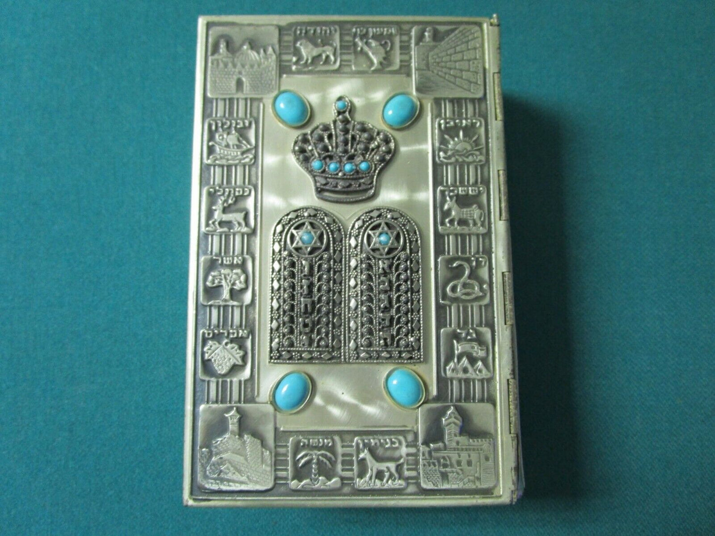 1968 HEBREW SILVER AND TURQUOISE BOUND SIDDUR PRAYER BOOK, H 5 1/2", W 3.5"