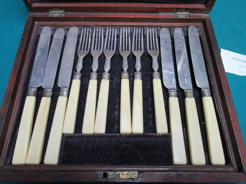 SAVORY 1800s LONDON SILVERPLATE FORKS KNIVES SET WHITE HANDLE ORIGINAL BOX
