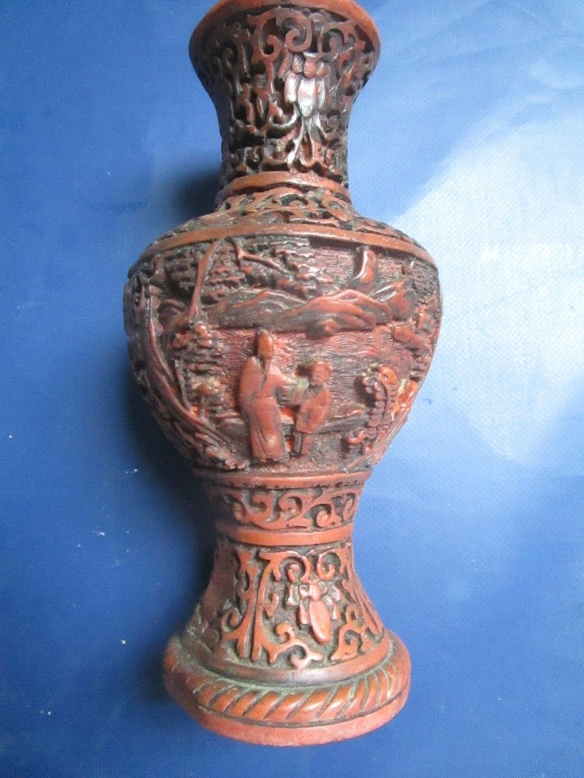 Original Chinese cinnabar vase 7" carved people