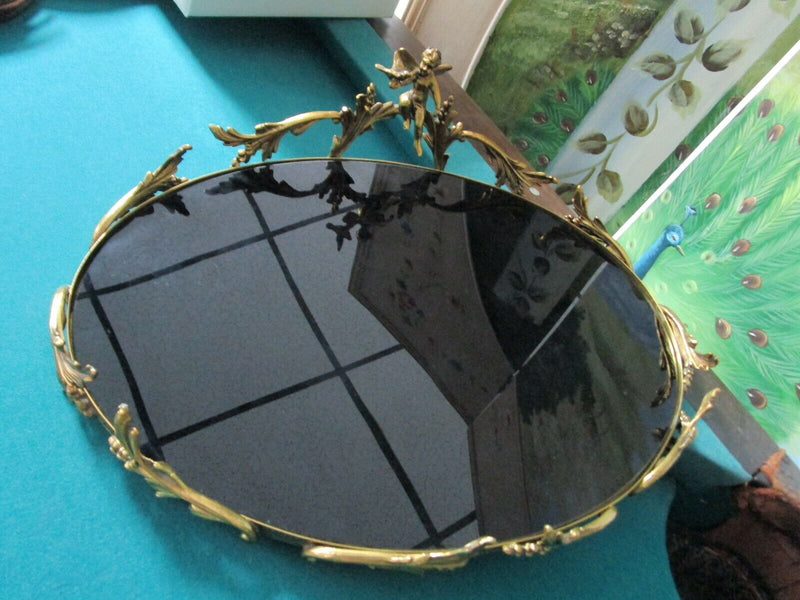 FRENCH ORMULU ANGELS BRASS BLACK GLASS OVAL VANITY TRAY