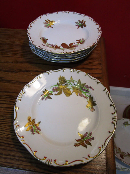 ZSOLNAY HUNGARY 6 DINNER PLATES GOLDEN IRIS FLOWERS 1960s