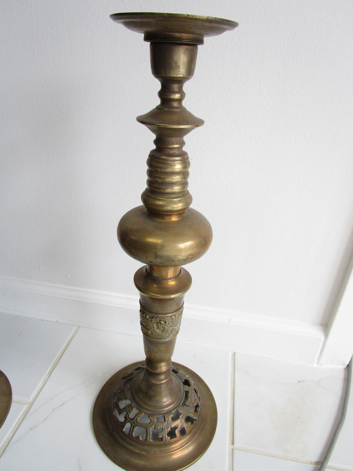 Antique Bronze standing pillar candle holder, made in China, dragon engravings