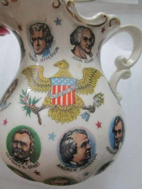 Pitcher From Chadwick-Miller 1965, Japan,decorated w/ faces of presidents RARE