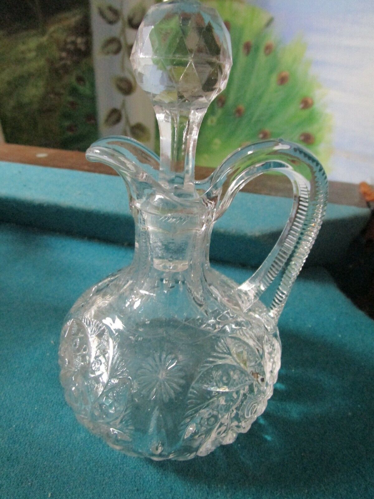 VICTORIAN GLASS CRUET WITH STOPPER  6" BOTTLE WITH STERLING COVER 3" PICK1